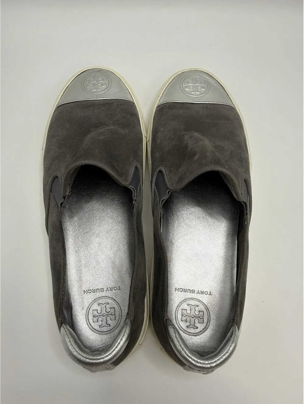 Tory Burch Slip On Sneakers Shoes Women's Size 6.5 M Silver Grey Suede